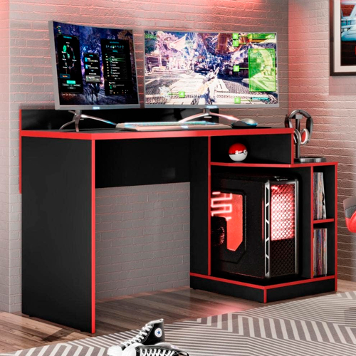 Mesa Gamer Play Preto Fosco/Vermelho